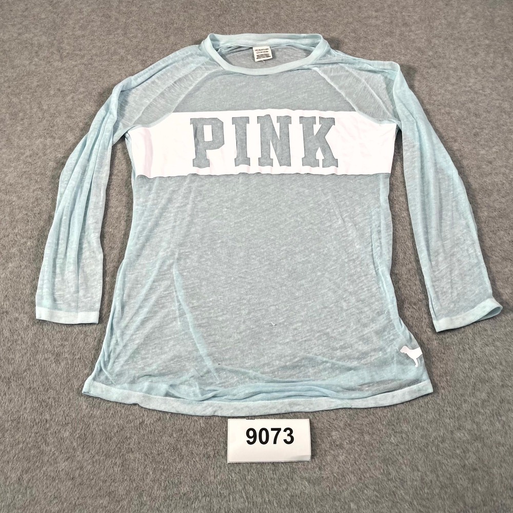 PINK Victoria's Secret Shirt Women Small Blue Cotton Crew Neck Sheer Casual